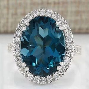 NWT-Peacock Blue Oval Solitaire with Accent Halo Ring